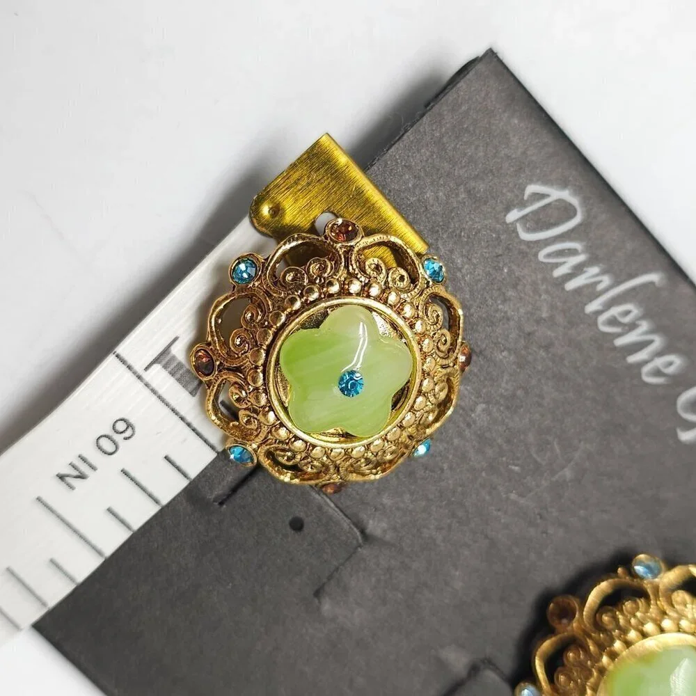 Vintage Darlene Group Earrings Gold Tone Green Flower Bead Rhinestones